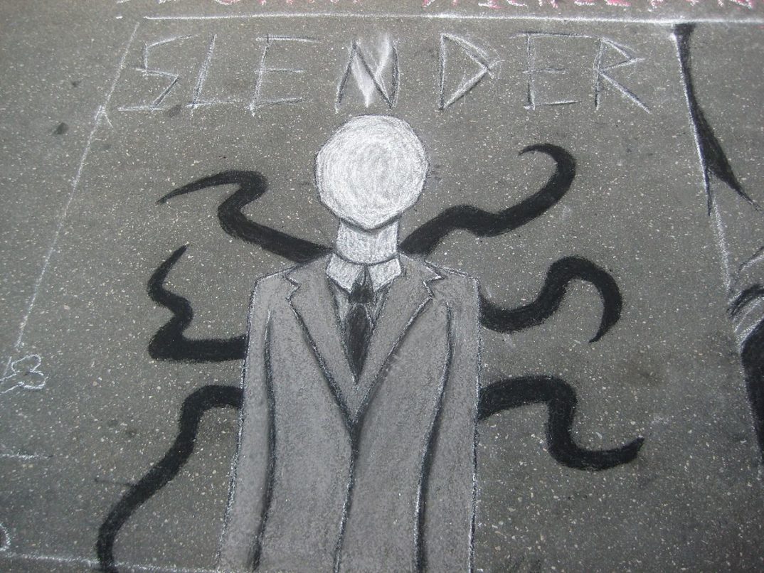 A sidewalk chalk drawing of Slenderman.