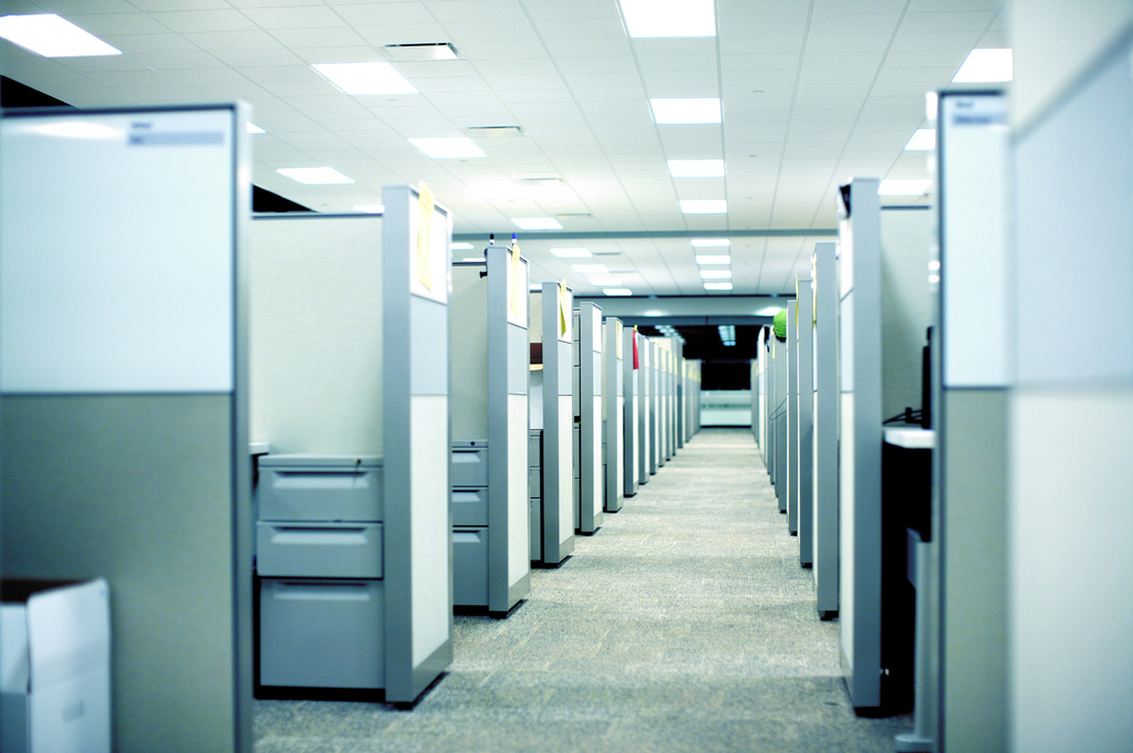 A sterile photo of an office hallway.