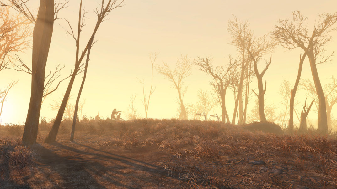 An in-game screenshot of Fallout 4, where a man points a weapon at a zombie.
