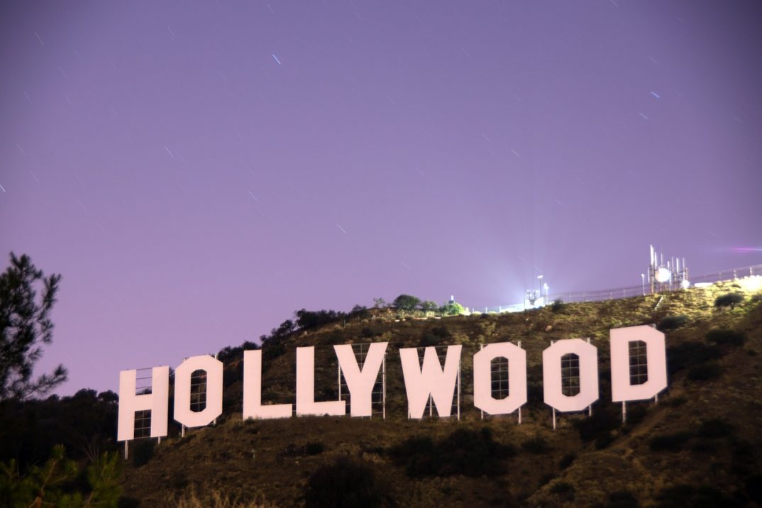 A photo of the Hollywood sign at sunset.