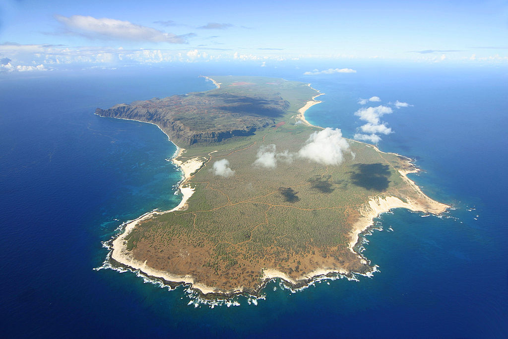 An aerial view of Niihau island surrounded by blue ocean.