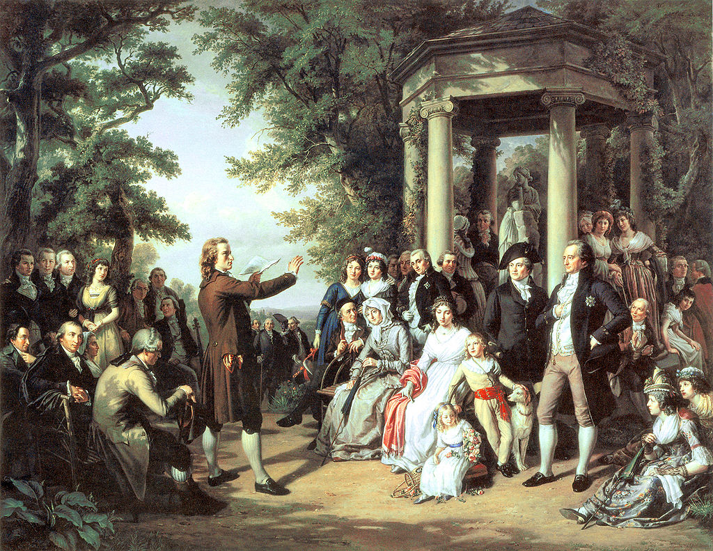 A painting of Enlightenment scholars talking in a park.