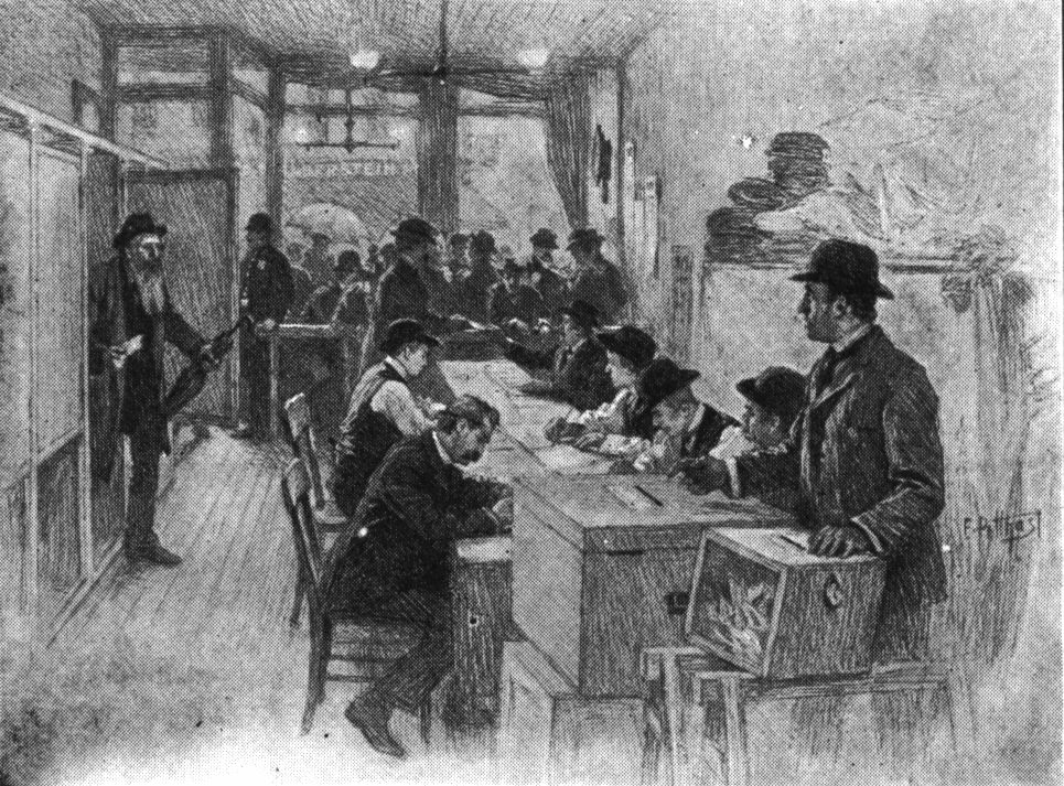 Drawing of men voting and people crowded outside a window