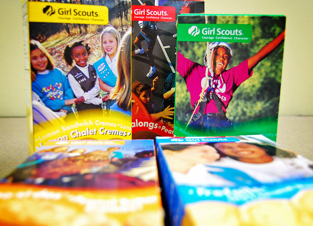 Photo of five boxes of girl scout cookies