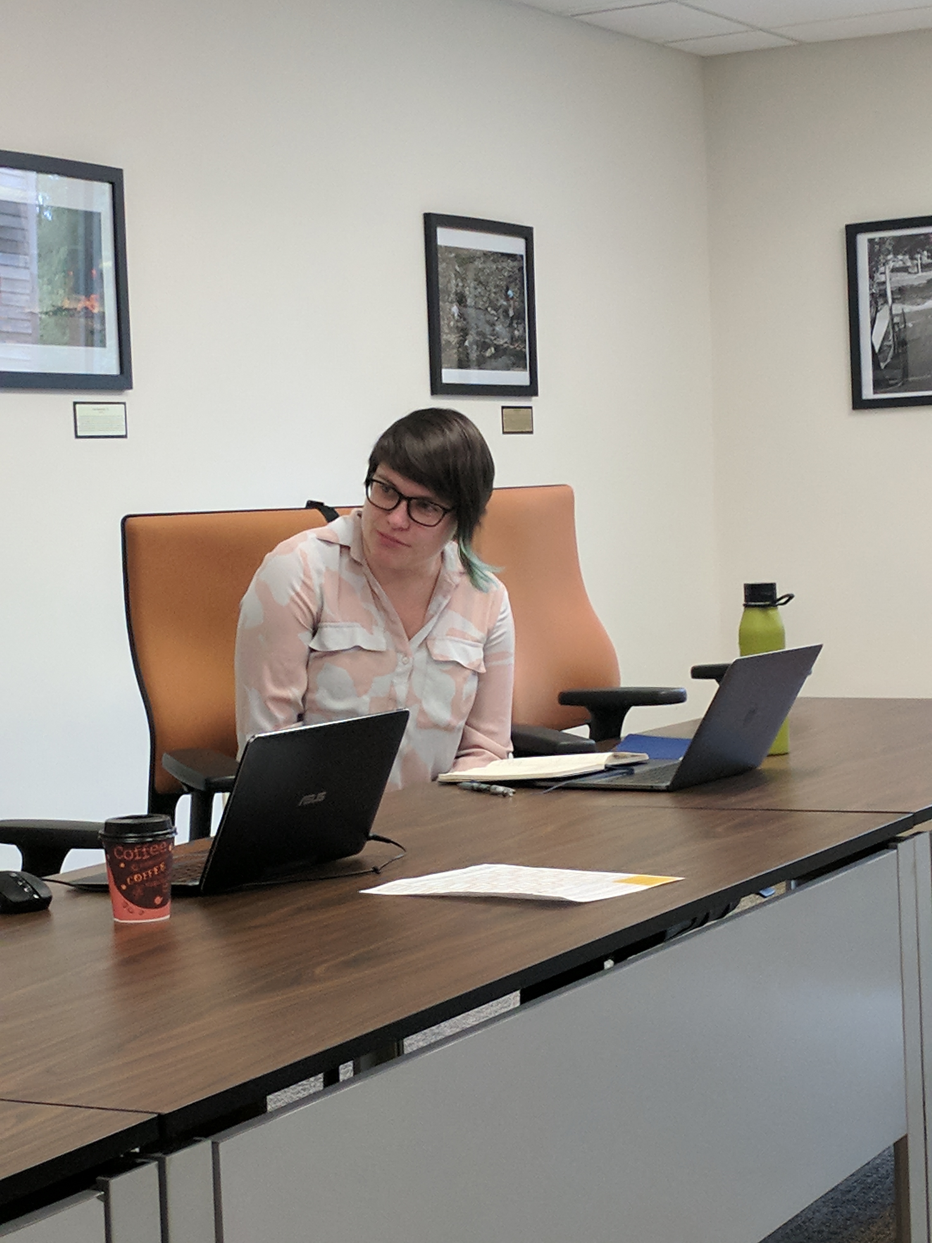 Scholar Emily McWilliams seated at a conference table, listening to a workshop participant