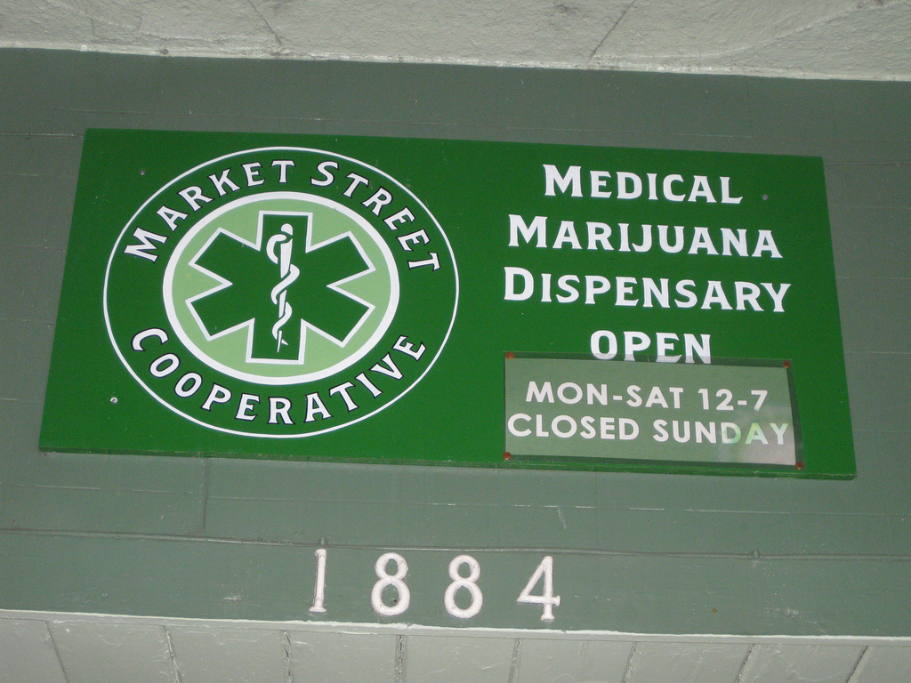 Photograph of a sign for a medical marijuana dispensary
