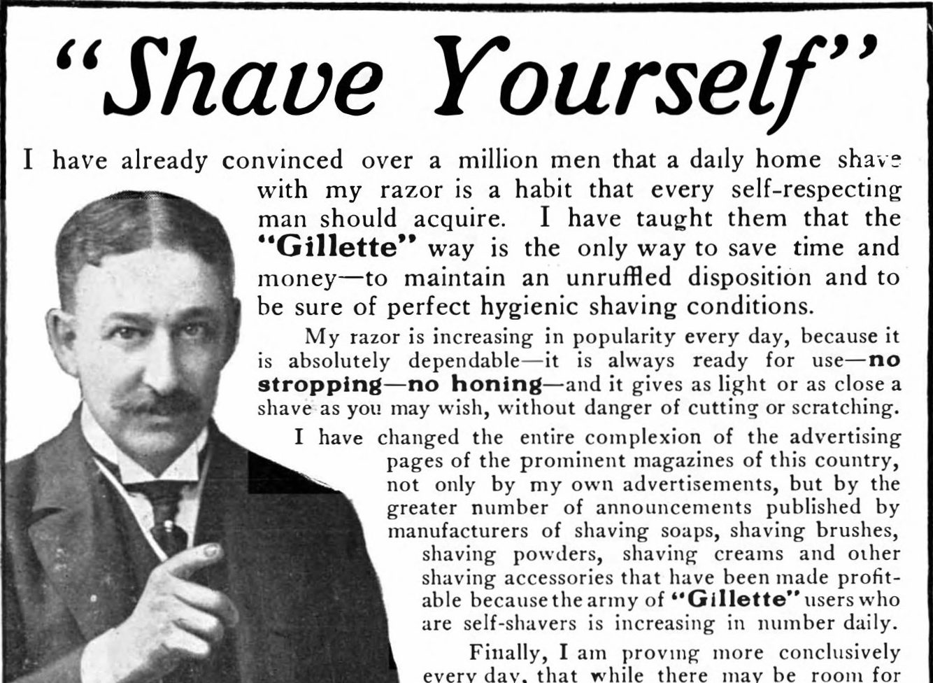 An ad reading "Shave Yourself!" and a picture of a man pointing