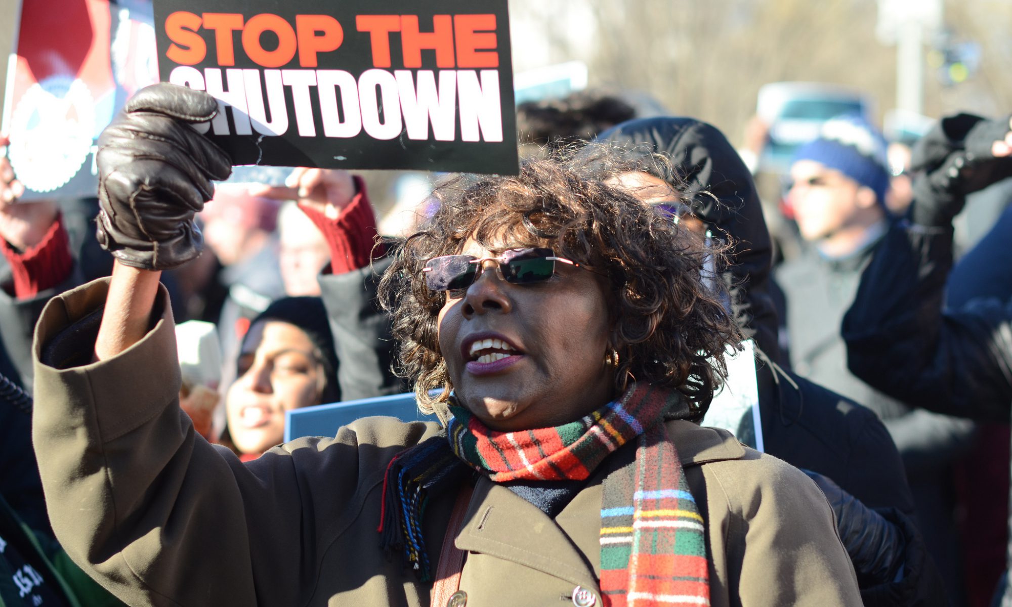 A woman holding a sign that says "stop the shutdown"