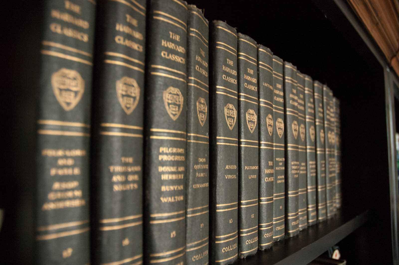 Photograph of a bookshelf of uniform "harvard classic" books; visible titles are Don Quixote and The Aeneid