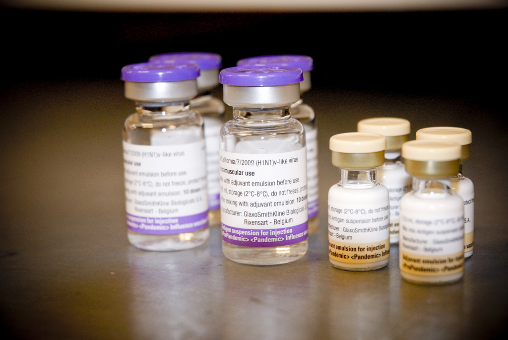 photograph of H1N1 vaccine bottles