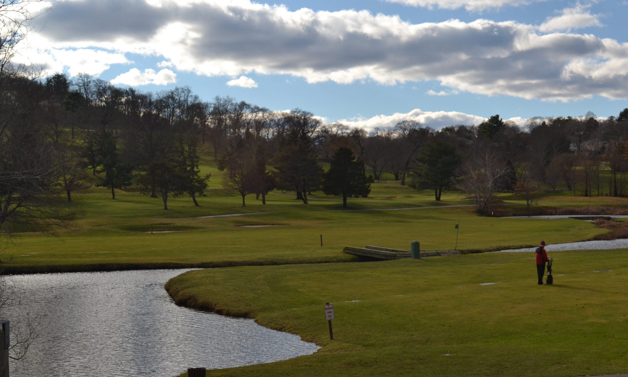 Photograph of a golf course showing a pond in the foreground, a distant person with a bag of clubs, and trees in the background