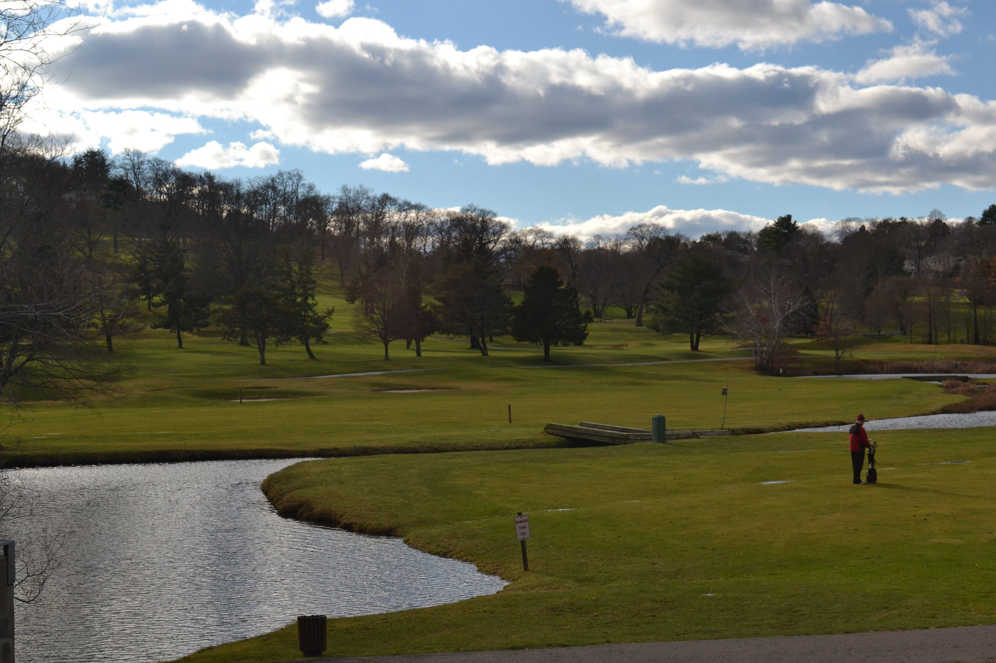 Photograph of a golf course showing a pond in the foreground, a distant person with a bag of clubs, and trees in the background