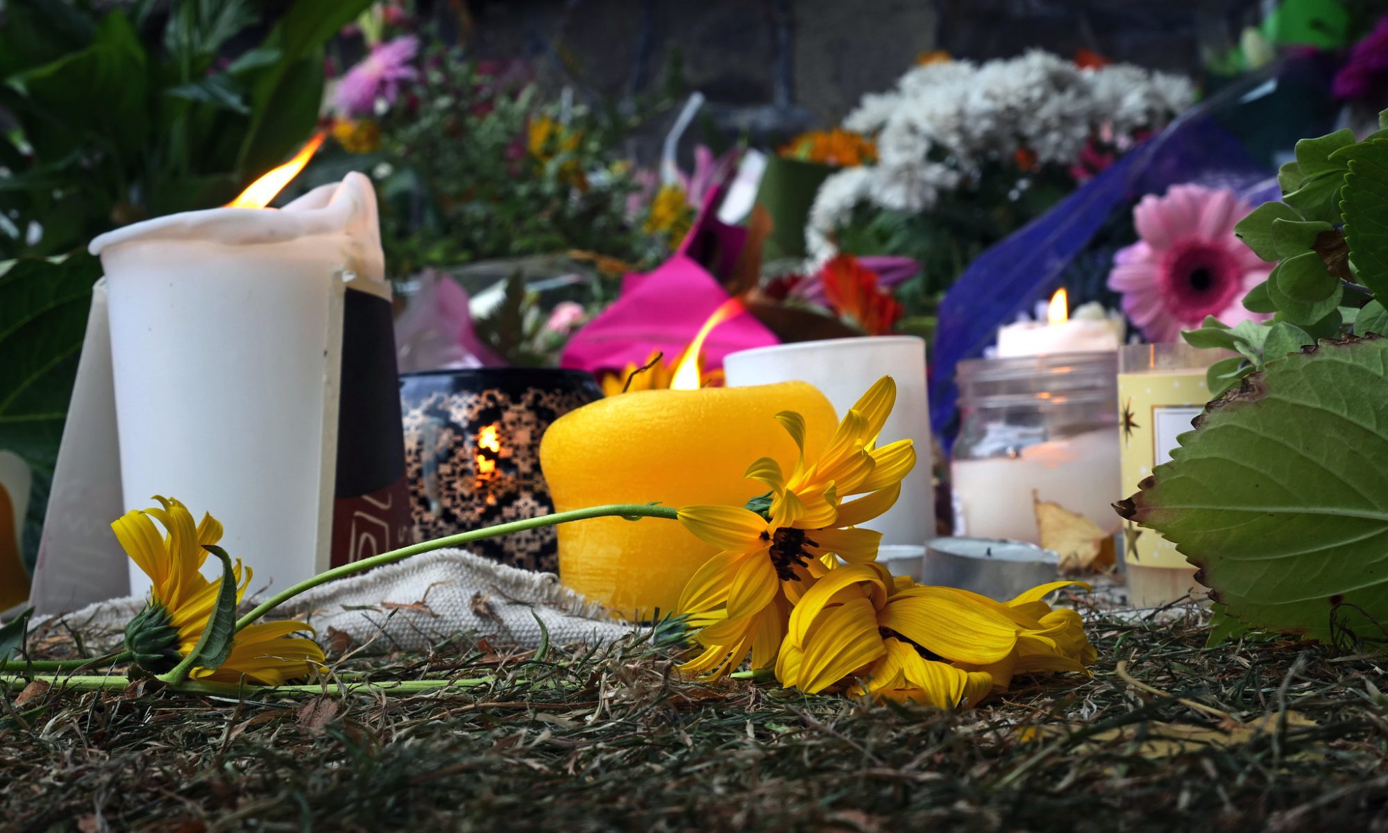 Photograph of candles and flowers arranged to mourn victims of the shootings