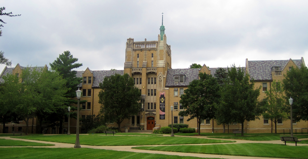 Photograph of southern quad and Morrissey Hall at the University of Notre Dame