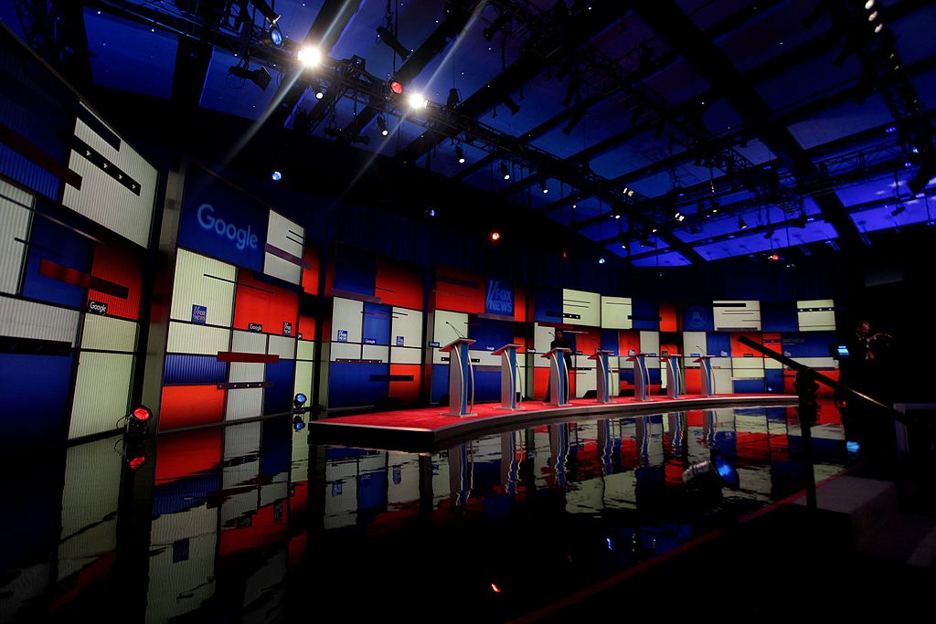 photo of empty studio with debate podiums