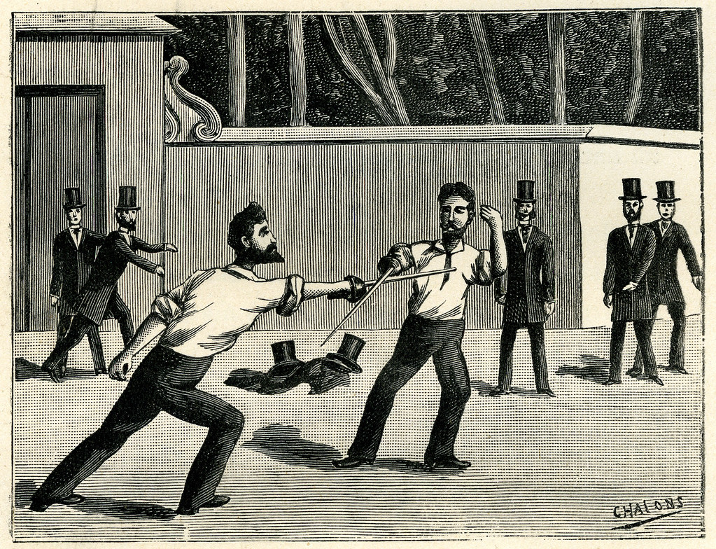drawing of sword duel with top-hatted spectators