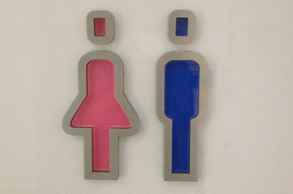 photograph of pink female and blue male caricatures