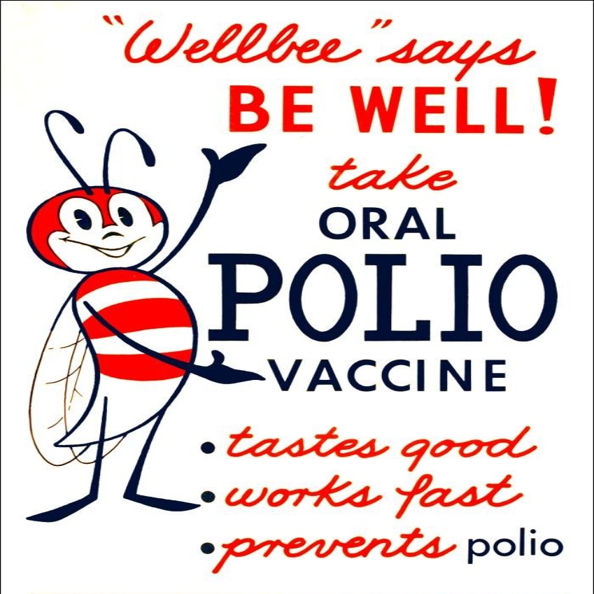 image of 1960's polio vaccine poster with Wellbee Cartoon