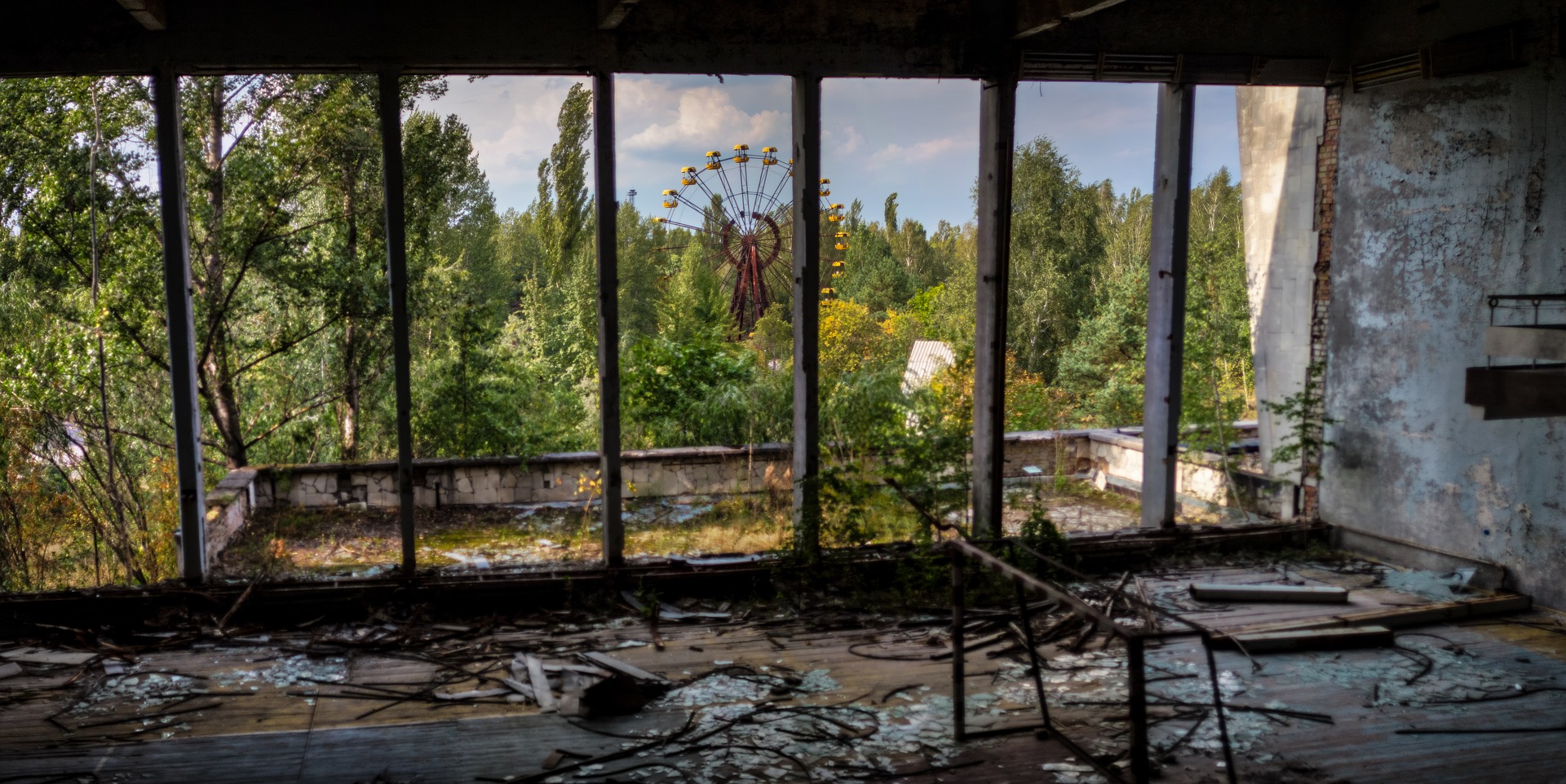 Photograph of Pripyat ferris wheel from inside abandoned building