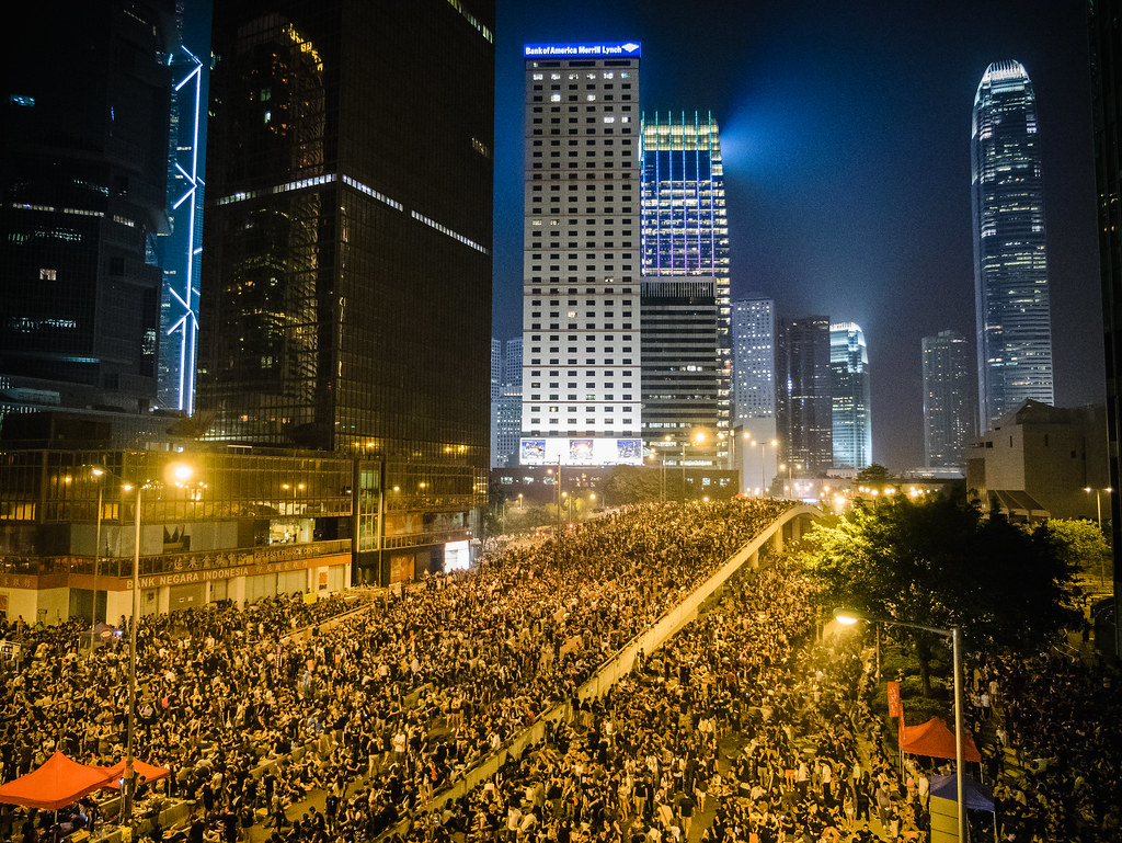 photograph of protest at night in Hong Kong