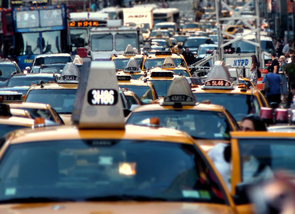 photograph of traffic gridlock for multiple blocks