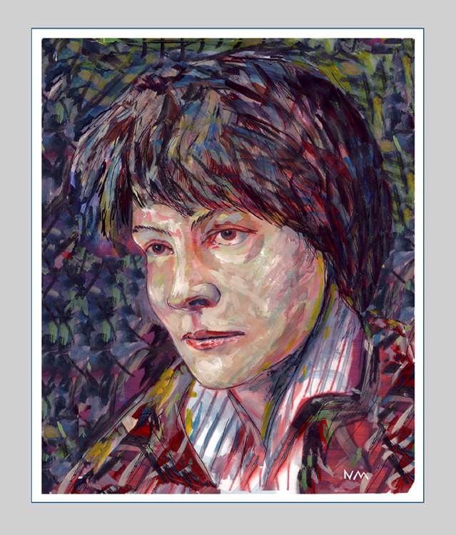 gouache and ink painting of Iris Murdoch