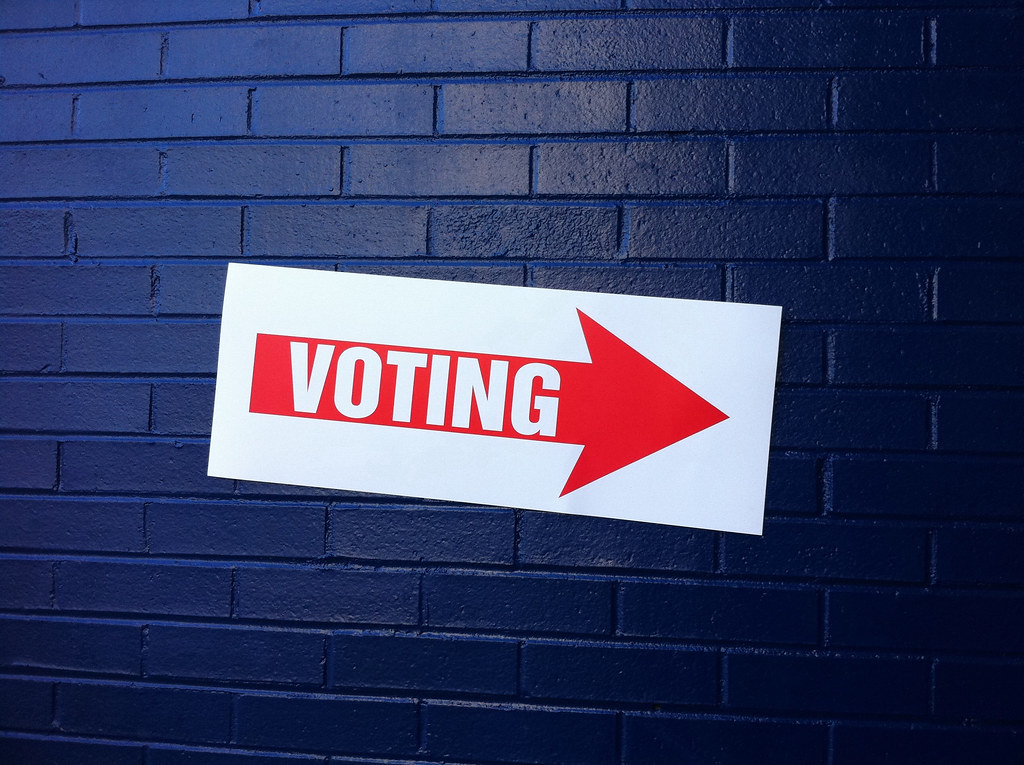 photograph of "voting" sign on a wall