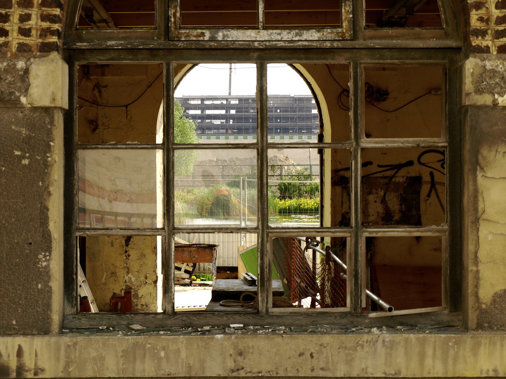 photograph within abandoned building looking out