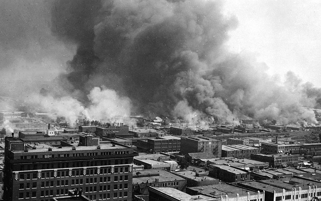 black and white aerial photograph of Tulsa Race Riot