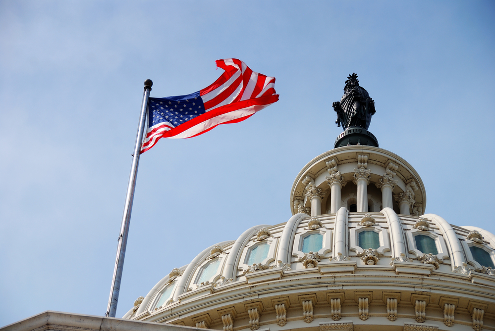 photograph of Capitol building with U.S. flag flying below the Statue of Freedom