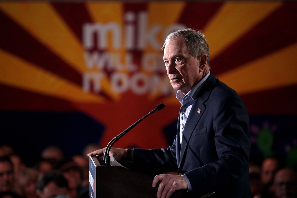 photograph of Mike Bloomberg speaking at political rally