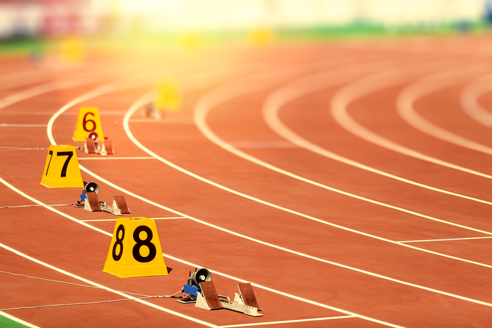 photograph of staggered starting blocks for track competition