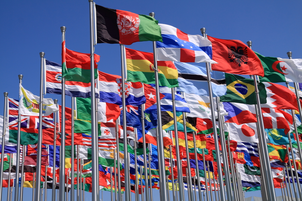 photograph of national flags flying at UN