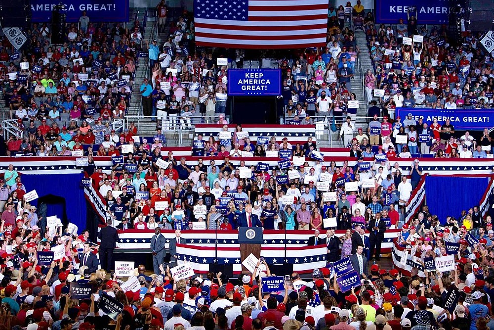 photograph of packed arena at Trump rally