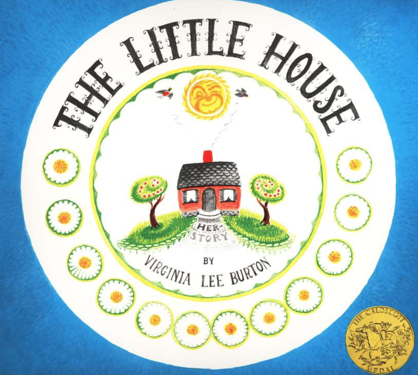 Illustrated children's book cover for The Little House featuring a little red house that looks sort of like a little face between two green trees with the sun shining just above.