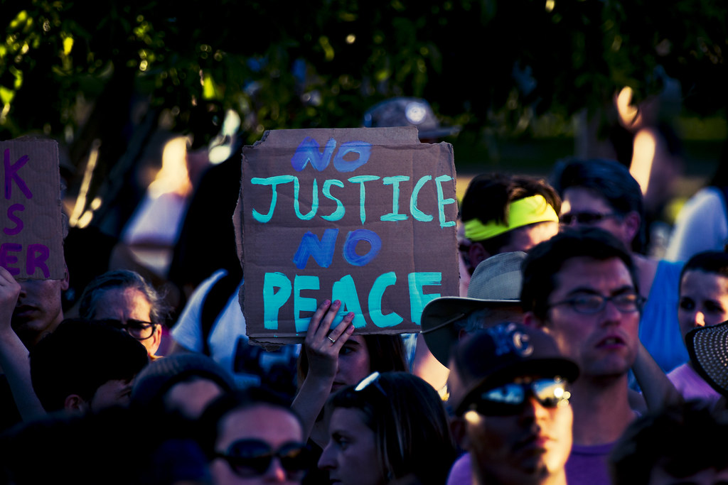 photograph of "No Justice No Peace" sign at protest