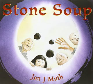 Illustrated book cover for the Jon Muth book Stone Soup, depicting three monks and a little girl from the perspective of inside a large pot. One of the monks tosses in three dark stones as the girl watches curiously.