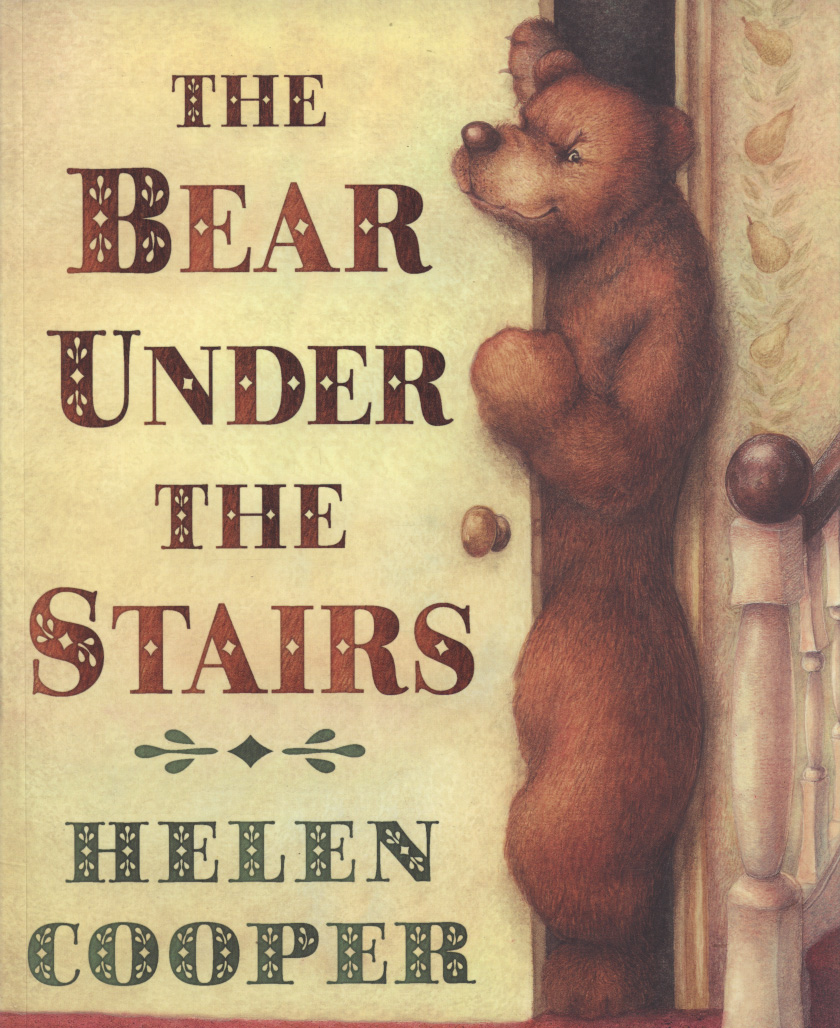 Cover image for The Bear Under the Stairs featuring an illustration of a brown bear peeking around the corner of a door next to a flight of stairs.