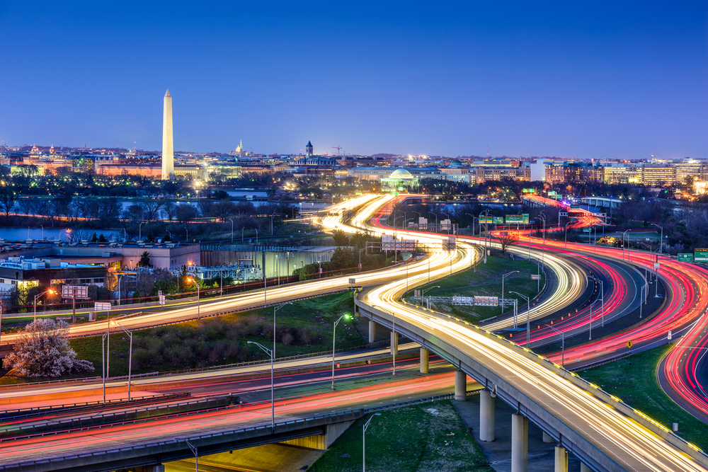 photograph of D.C. skyline with Washington Monument at dusk