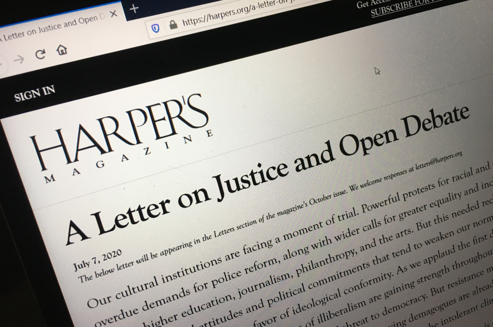 photograph of computer screen displaying Harper's Letter