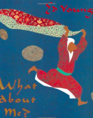 Cover image for What About Me? featuring a colorful paper cut-out illustration of a person in a red robe and white headdress run as they hold up a patterned cloth.