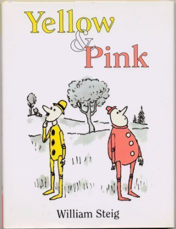 Illustrated book cover for Yellow and Pink featured a colored line drawing of two white men standing apart and facing opposite directions. One of the men wears an all yellow suit and hat and holds his hand to his mouth in a questioning pose. The other man is dressed in all pink clothes and a hat. There is a tree between them, but in the distance.