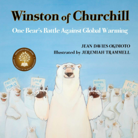 Illustrated book cover for Winston of Churchill featuring a drawing of a large polar bear standing in the center of a group of smaller polar bears behind him. The big polar bear holds both paws in a "V" symbol, like a politician might.