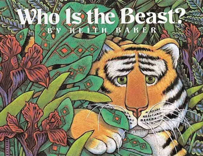 Illustrated book cover for Who Is the Beast? featuring a large drawing of a tiger's face surrounded by lush greenery. The tiger looks worried.