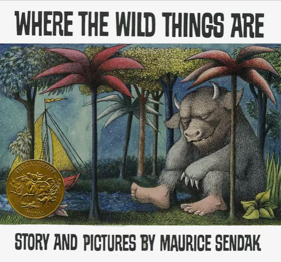 Illustrated book cover for Where the Wild Things Are featuring a colorful image of a large beast with a bull's head, bear's claws and human feet. The beast sits in a forest of pink palm trees with its eyes closed as a yellow sailboat approaches the shore in the distance
