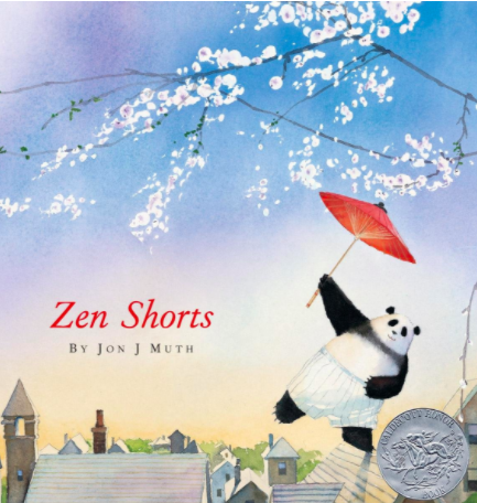 Illustrated book cover for Zen Shorts featuring a soft blue and yellow sky behind a cherry tree branch in bloom. In the corner, a panda with a red parasol floats through the air over a cityscape.