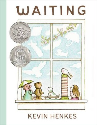 Illustrated book cover for Waiting with a delicate painting of a pig, a teddy bear, a small dog, a bunny toy and a stuffed owl seated on a windowsill looking out at fluffy white clouds. The clouds are in fanciful shapes like umbrellas.