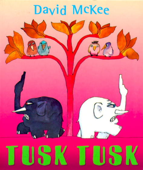 Cover image for Tusk Tusk featuring an illustration of a black elephant and a white elephant, both of whom have human-like features. They have their backs turned against each other and angry expressions on their faces.
