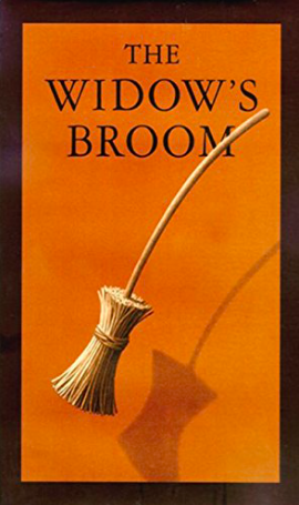 Illustrated book cover for The Widow's Broom with a simple brown broom levitating against the orange background of the cover and casting a shadow.