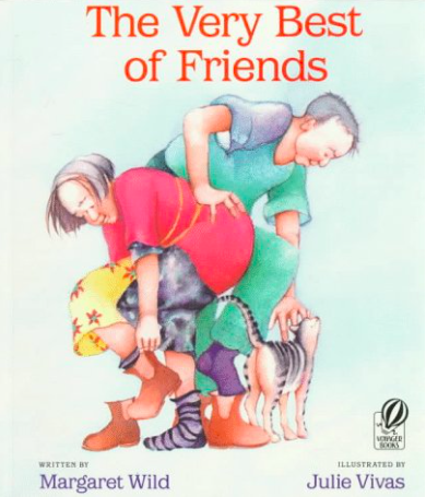 Illustrated book cover for The Very Best of Friends with a colored pencil drawing of two older white people . The woman is bent over as she pulls on a pair of boots while the man uses her back to balance himself as he leans down to pet a gray and white striped cat.